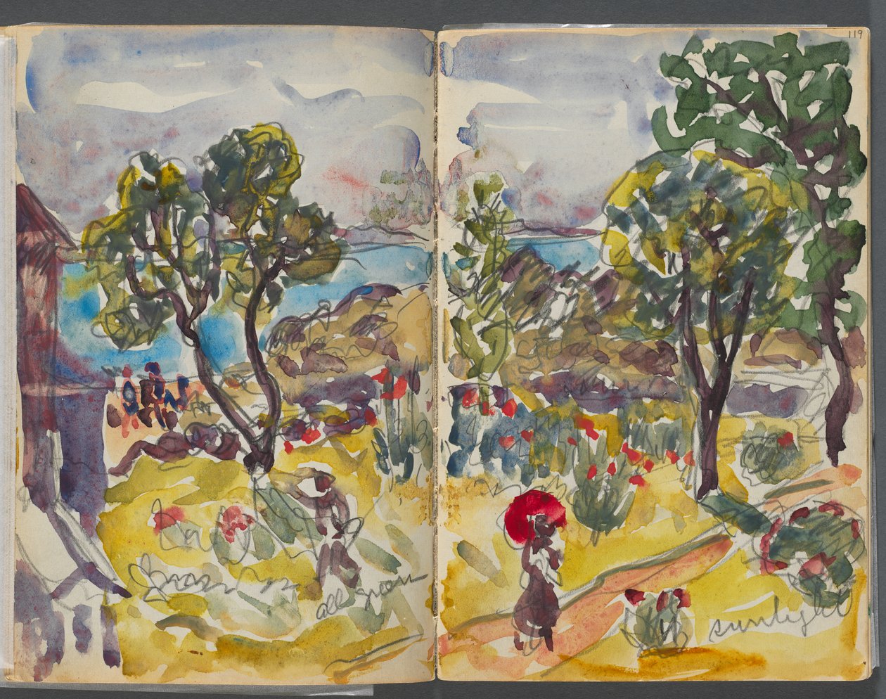 Skitsebog - The Granite Shore Hotel, Rockport, side 118 og 119: haveudsigt med notater af Maurice Prendergast