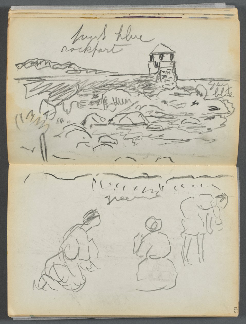 Skitsebog - The Granite Shore Hotel, Rockport, side 124 og 125: Rockport fyrtårn og figurer på kysten af Maurice Prendergast