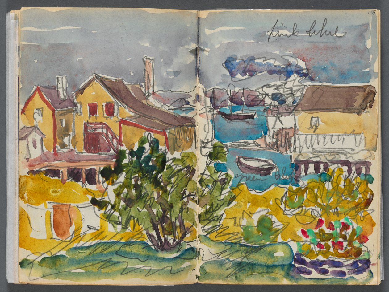 Skitsebog - The Granite Shore Hotel, Rockport, side 128 og 129: Huse på havnen af Maurice Prendergast