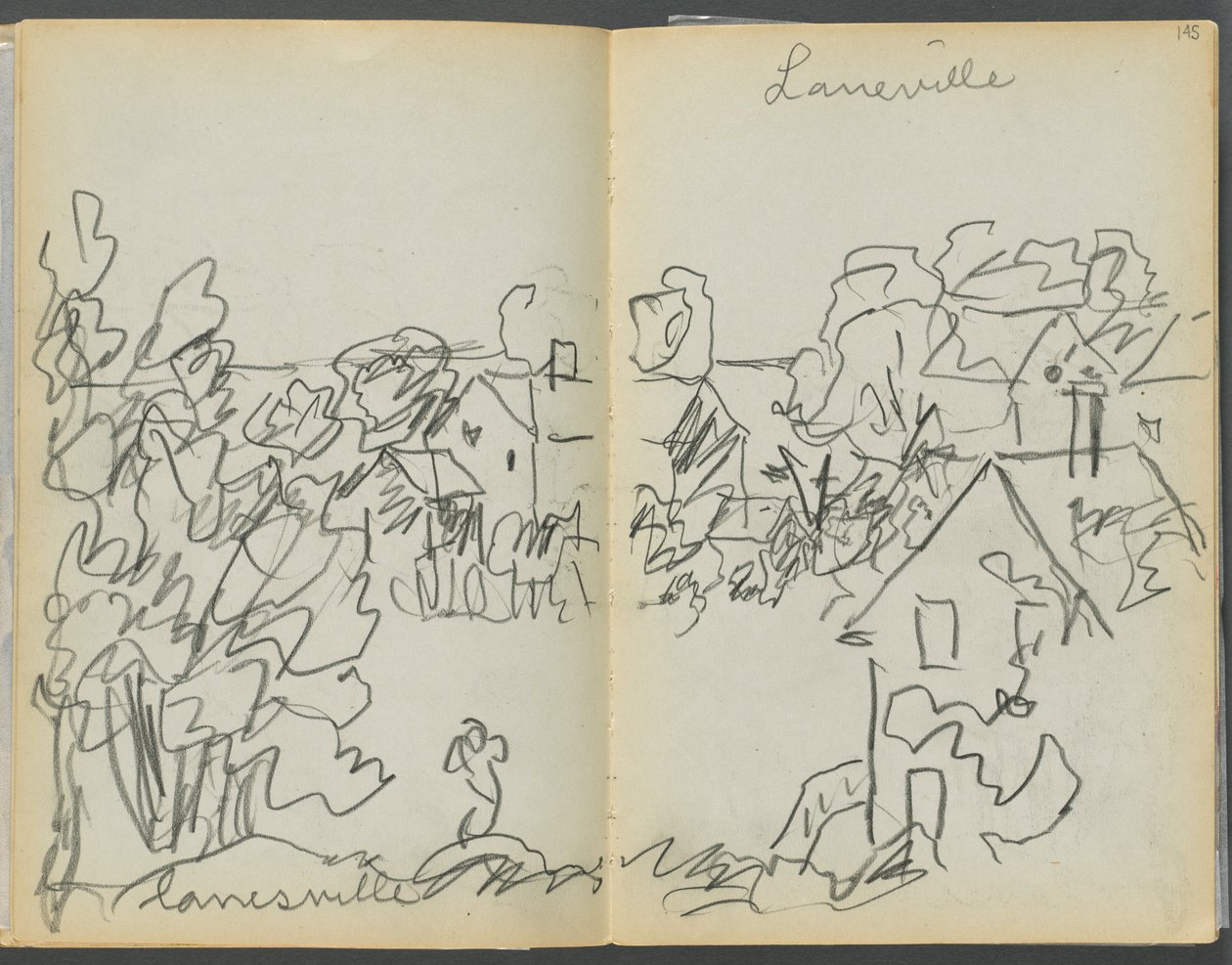 Skitsebog - The Granite Shore Hotel, Rockport, side 144  145: "Lanesville" af Maurice Prendergast
