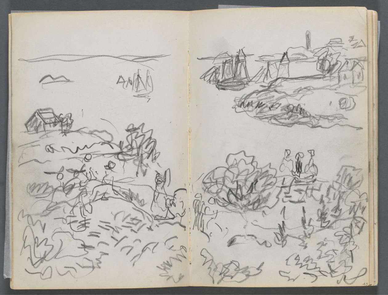 Skitsebog, The Dells, nr. 127, side 042  43: Bugt med både og figurer af Maurice Prendergast