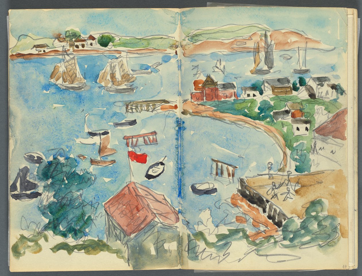 Skitsebog, The Dells, nr. 127, side 048 & 49: Udsigt over en vig ovenfra af Maurice Prendergast
