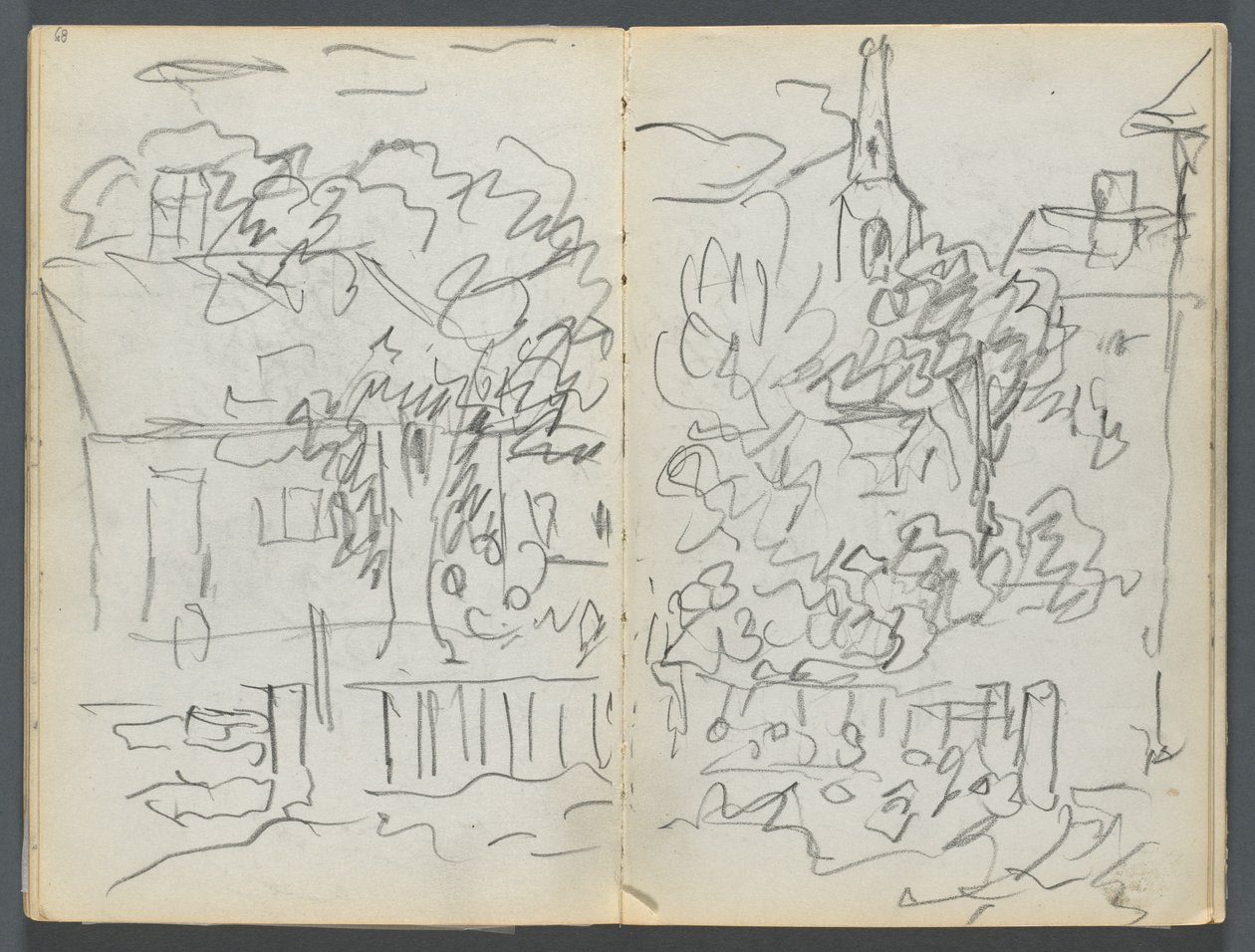 Skitsebog, The Dells, nr. 127, side 084  85: Landskab med huse og spir af Maurice Prendergast