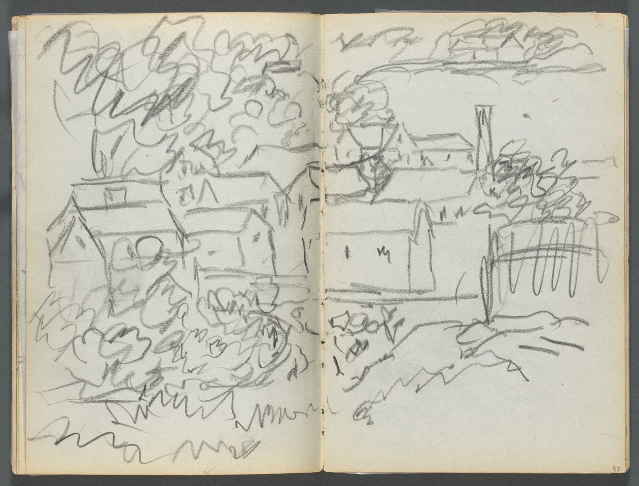 Skitsebog, The Dells, nr. 127, side 096  97: Landskab med huse af Maurice Prendergast