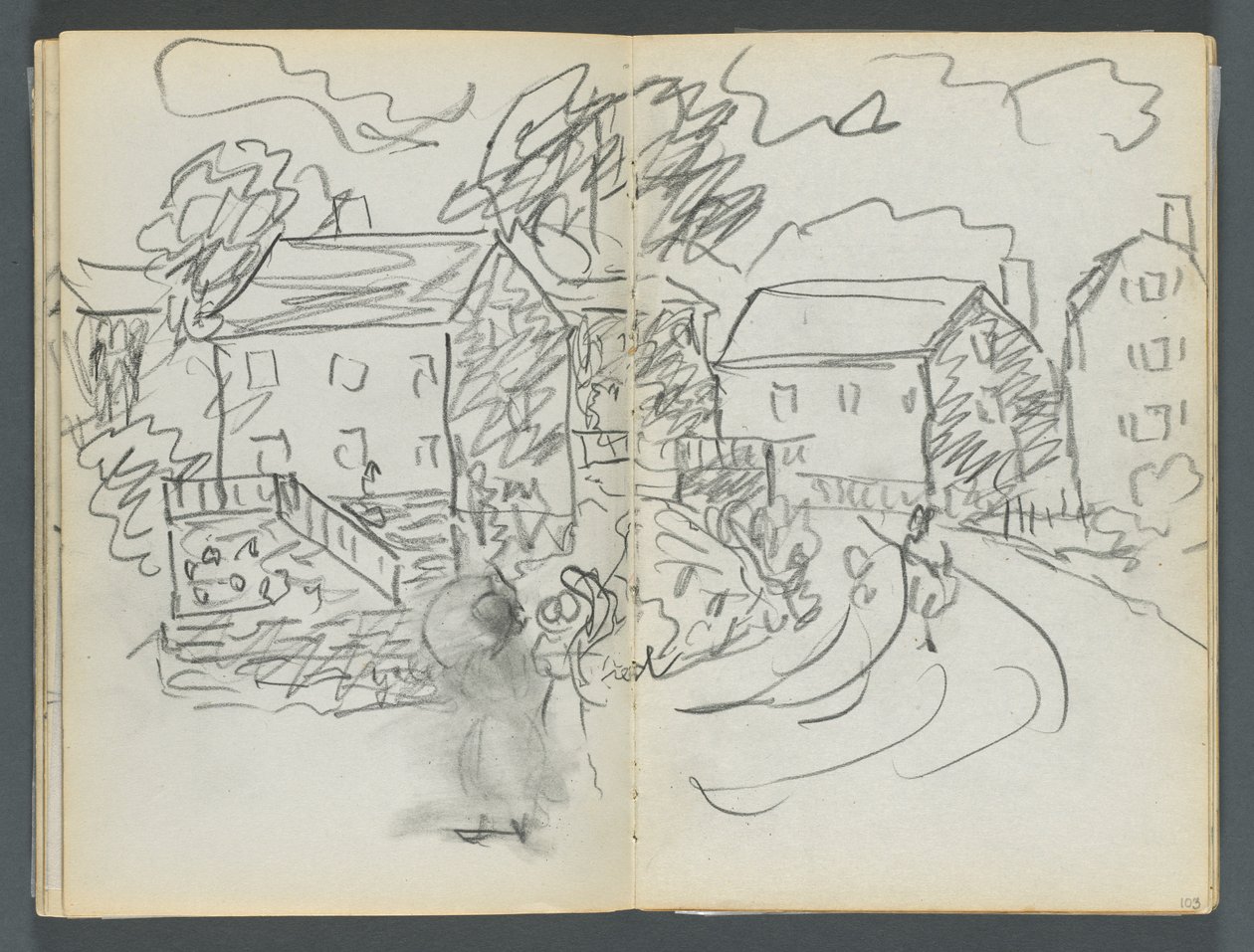 Skitsebog, The Dells, nr. 127, side 102  103: Landskab med huse og vej af Maurice Prendergast