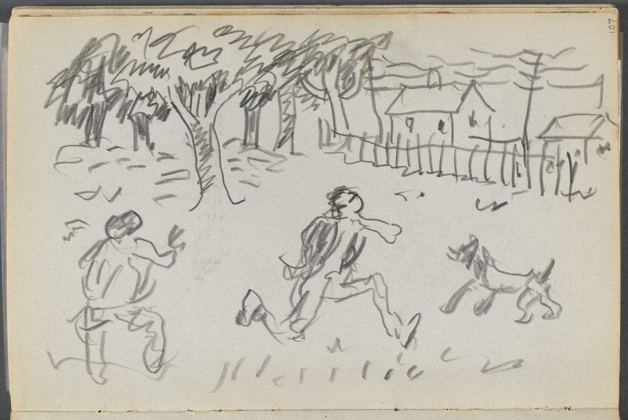 Skitsebog, The Dells, nr. 127, side 107: Landskab med figurer og hund af Maurice Prendergast