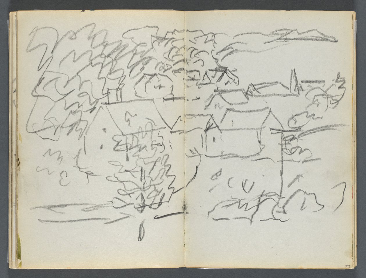 Skitsebog, The Dells, nr. 127, side 108 og 109: Landskab med huse af Maurice Prendergast