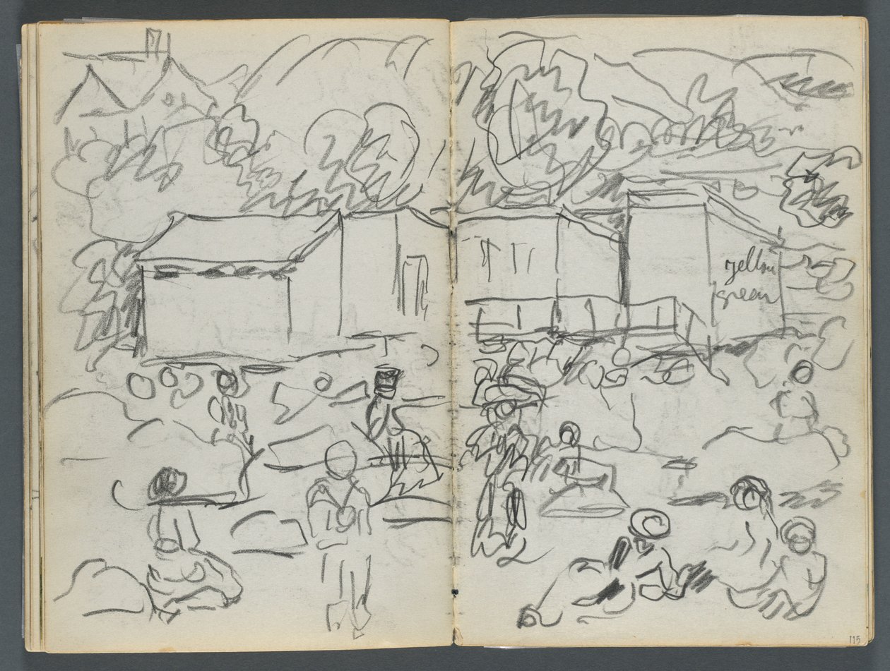 Skitsebog, The Dells, nr. 127, side 114  115: Landskab med figurer og bygninger af Maurice Prendergast