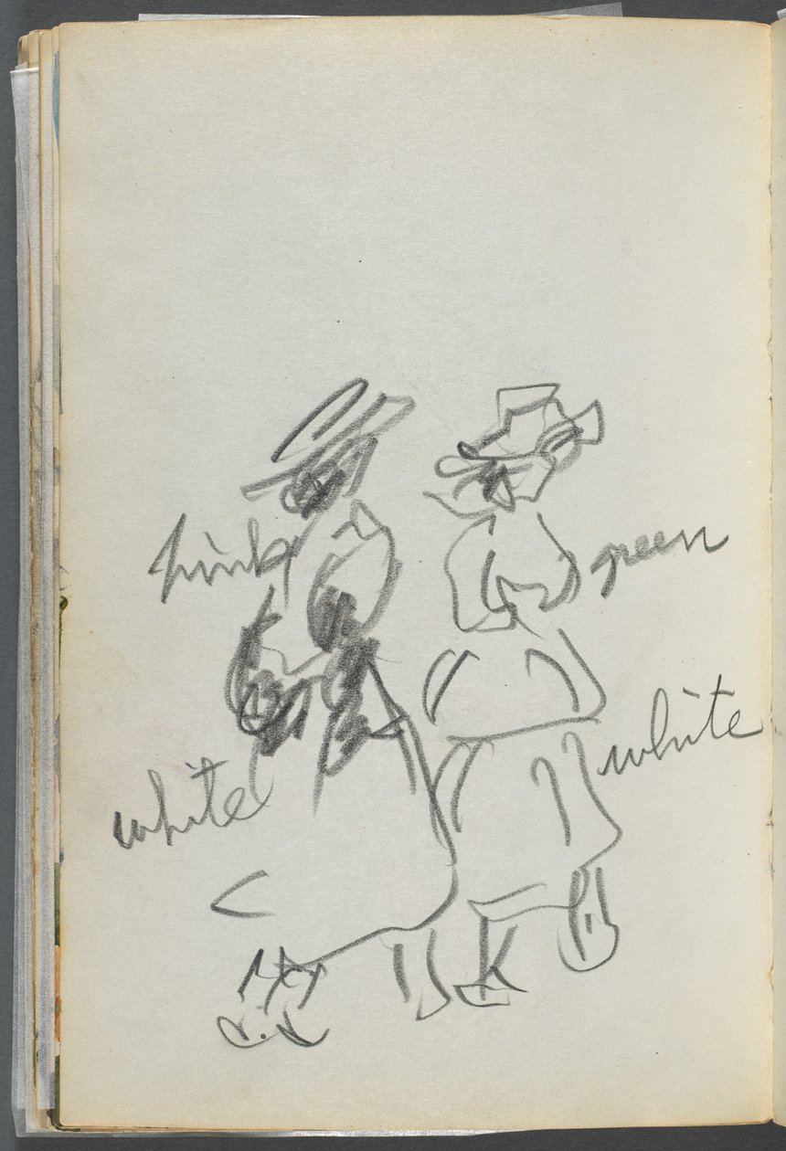 Skitsebog, The Dells, nr. 127, side 144: To gående figurer med farvenotationer af Maurice Prendergast