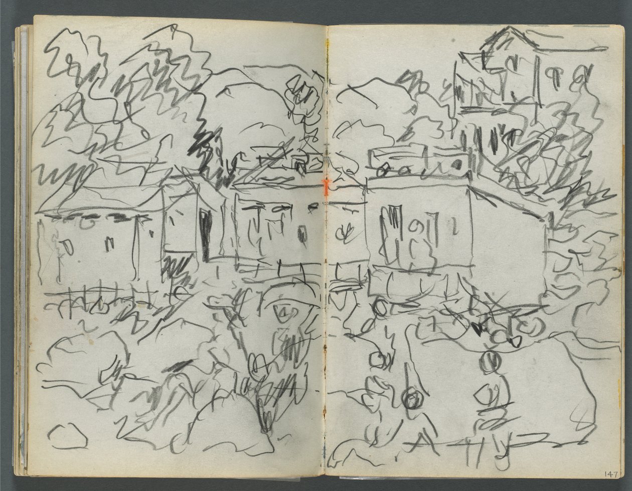 Skitsebog, The Dells, nr. 127, side 146  147: Landskab med figurer og bygninger af Maurice Prendergast