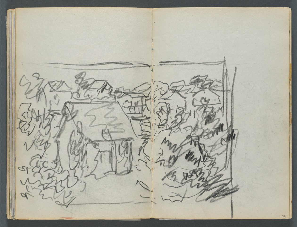 Skitsebog, The Dells, nr. 127, side 154 og 155: Landskab med huse af Maurice Prendergast