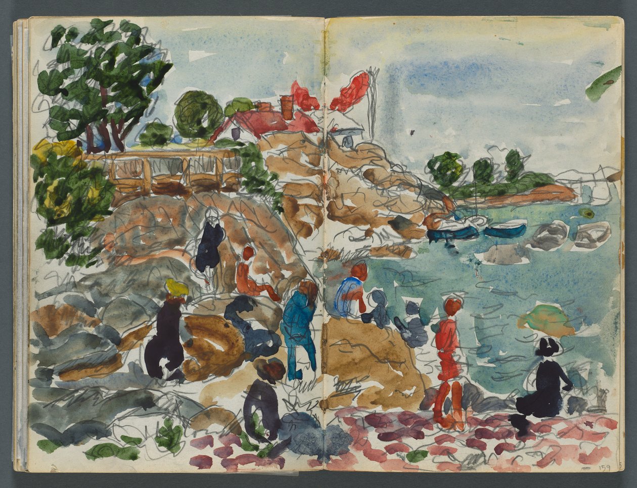 Skitsebog, The Dells, nr. 127, side 158 og 159: Kystlandskab med figurer af Maurice Prendergast