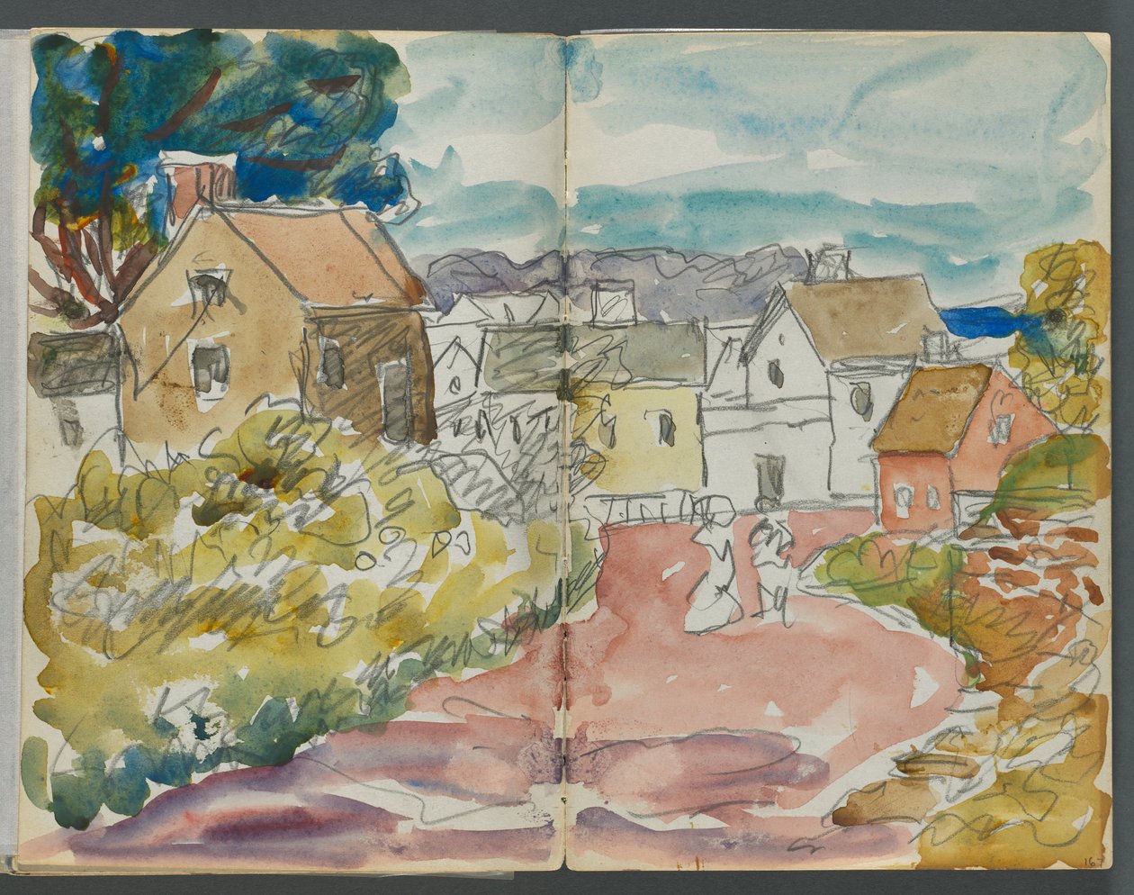 Skitsebog, The Dells, nr. 127, side 166 og 167: Landsby med huse og vej af Maurice Prendergast