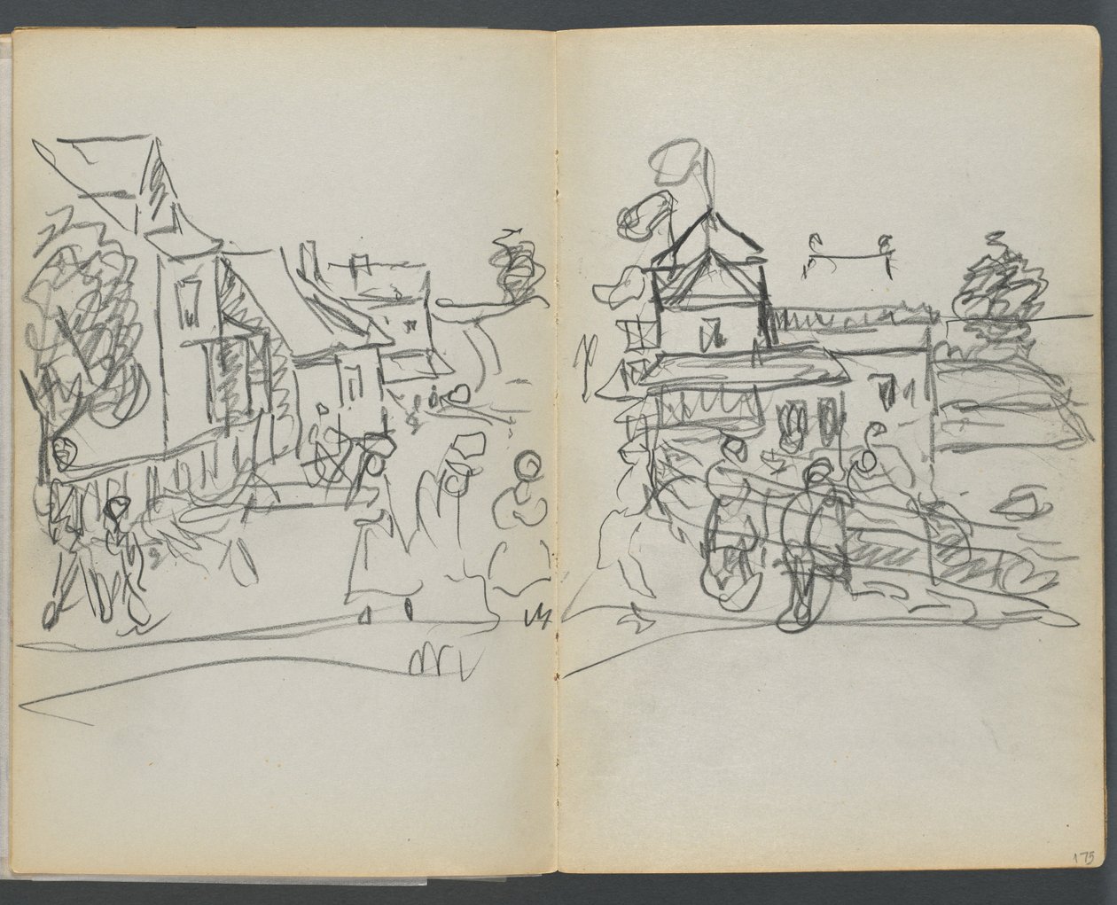 Skitsebog, The Dells, nr. 127, side 174 og 175: Landsby med huse og vej af Maurice Prendergast