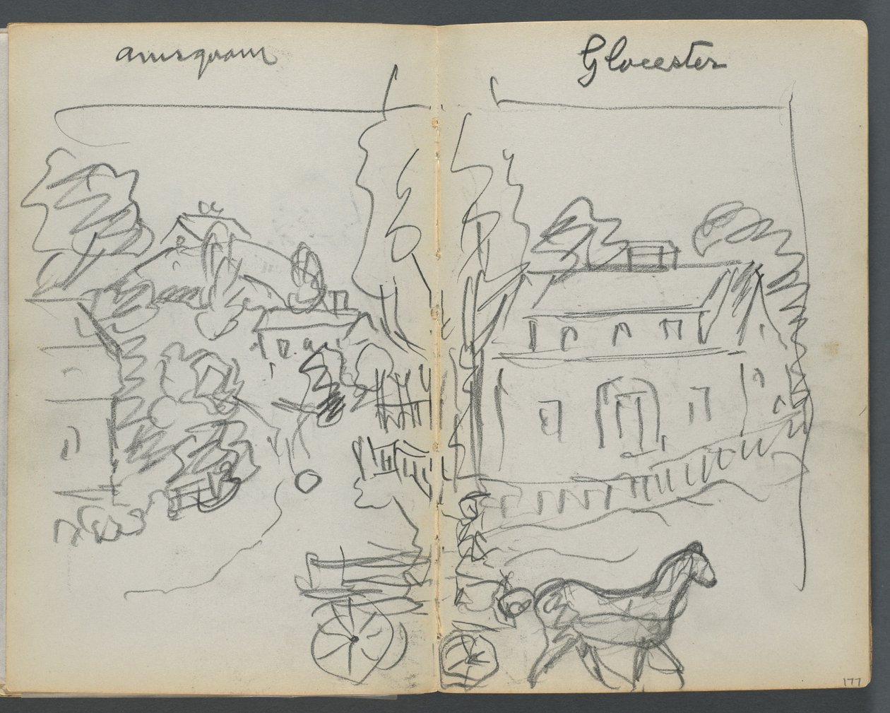Skitsebog, The Dells, nr. 127, side 176 og 177: "Annisquam - Glocester" af Maurice Prendergast