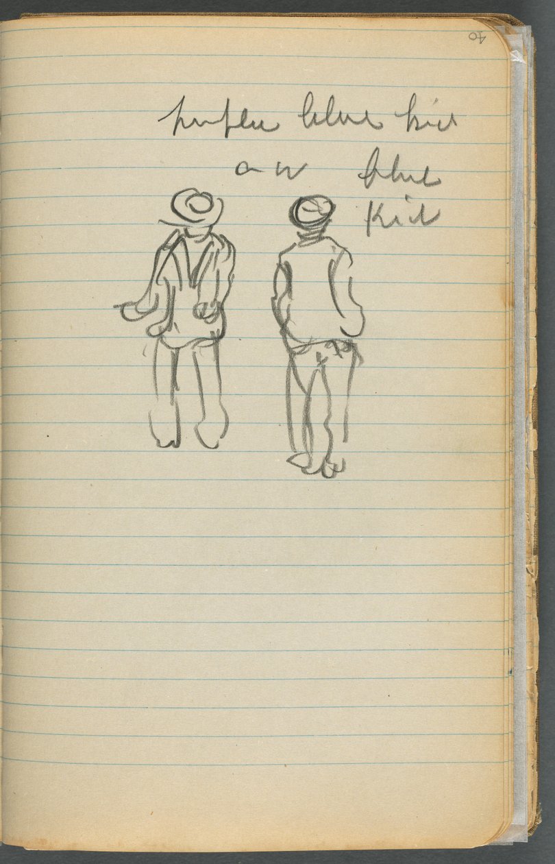 Skitsebog, side 040: Noter og to figurer af Maurice Prendergast