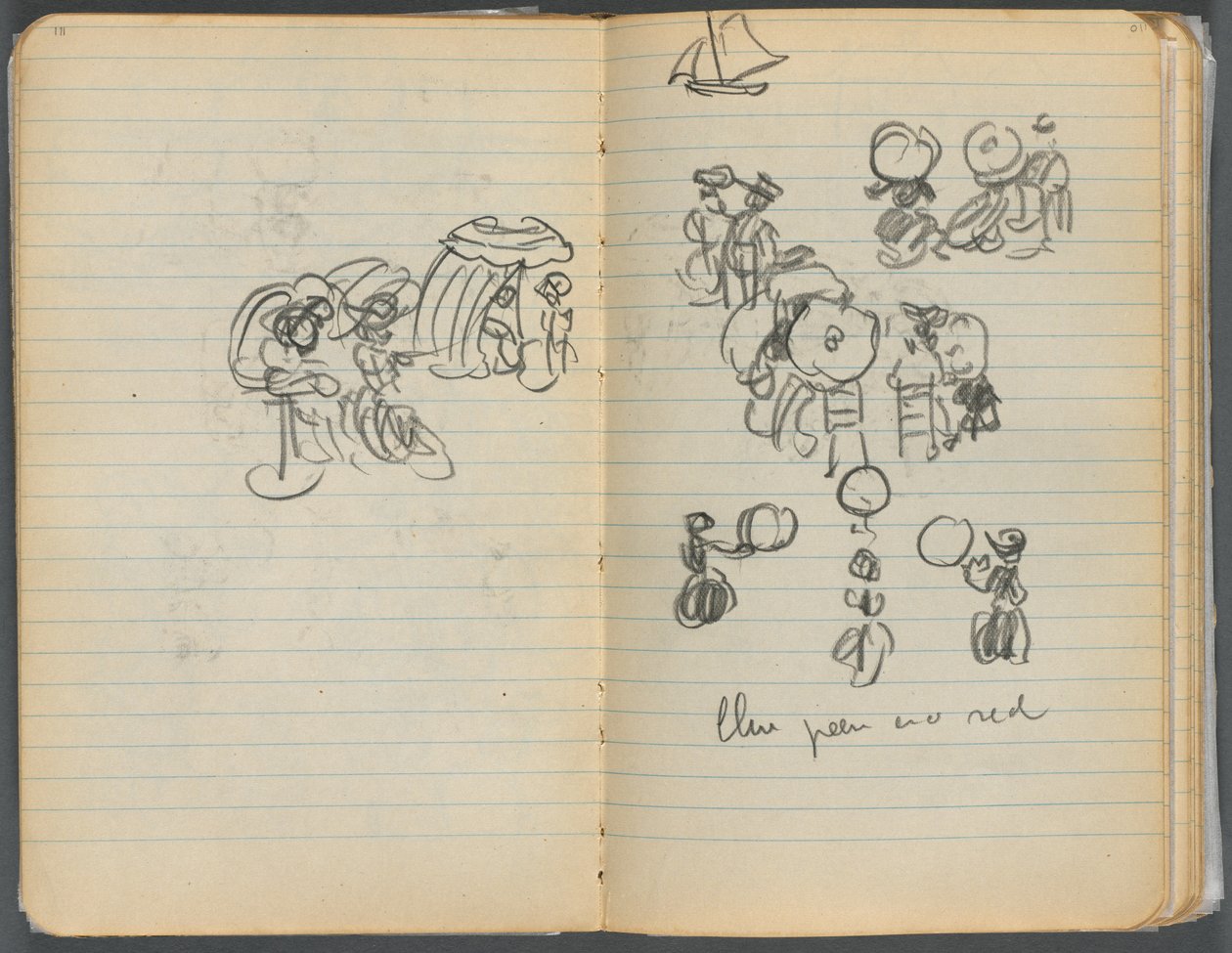 Skitsebog, side 110 111: Studie til figurer på en strand af Maurice Prendergast