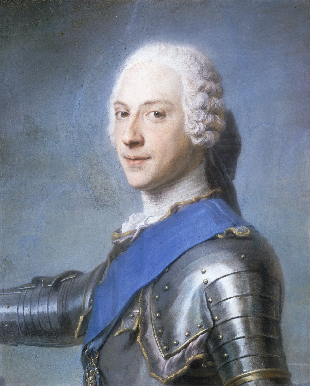 Portræt af prins Charles Edward Stuart, brystlængde, i profil til venstre, hovedet vendt mod fronten, højre arm hævet, af Maurice Quentin de La Tour