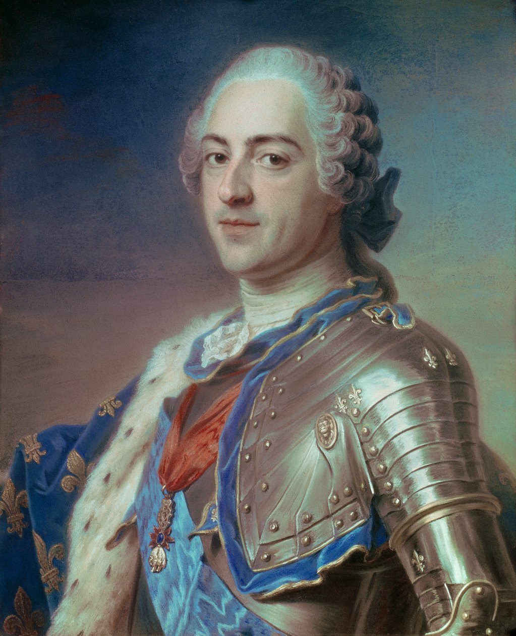 Portræt af Ludvig XV (1710 - 1774) i rustning, med Helligåndsordenens snore og det gyldne skind. Pastel af Maurice Quentin Delatour kendt som Quentin De La Tour eller Quentin De Latour (1704-1788) af Maurice Quentin de La Tour