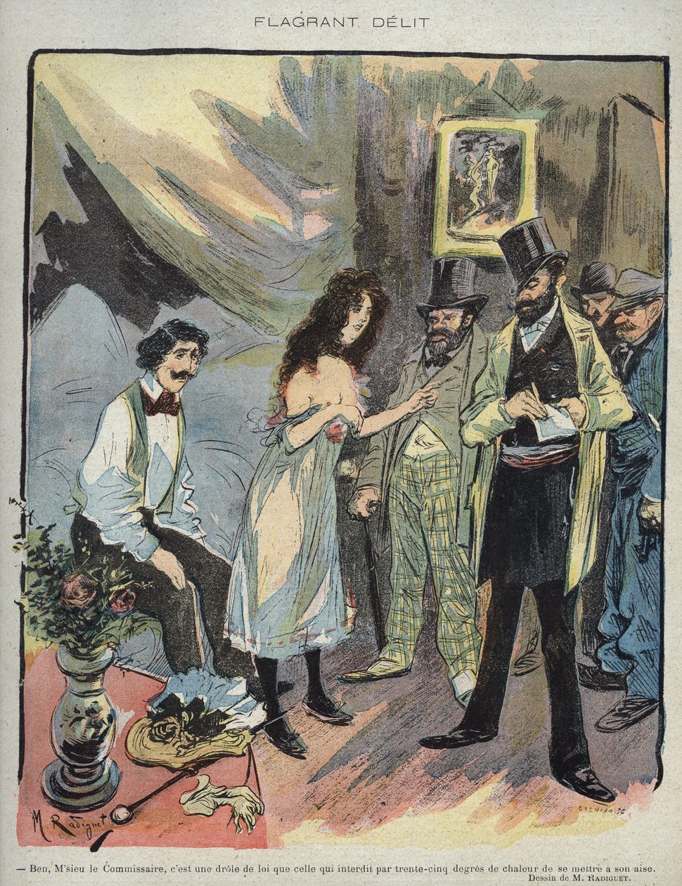 Illustration af Maurice Radiguet (1866-1941) til det franske magasin "" Le Rire""" nummer 46 de 1895 - "" Flagrant Delit""" - Ben monsieur kommissær, det er en sjov lov, der forbyder med 35 graders varme fra få det godt"" af Maurice Radiguet