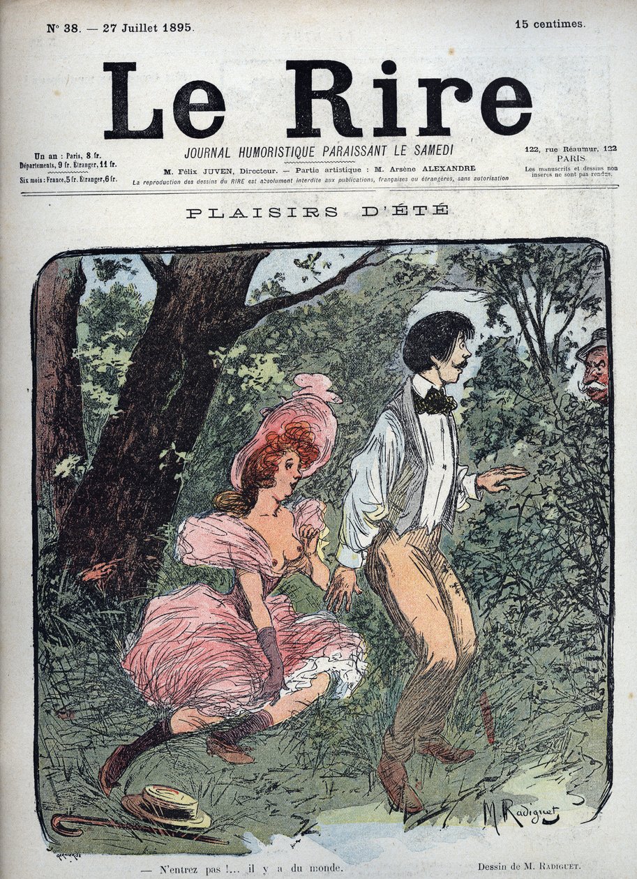 Summer Plaisirs - To elskende bliver overrasket i en skov af en forbipasserende - Lustration af Maurice Radiguet (1866-1941) til det franske magasin "" Le Rire"" nummer 38 de 1895 af Maurice Radiguet