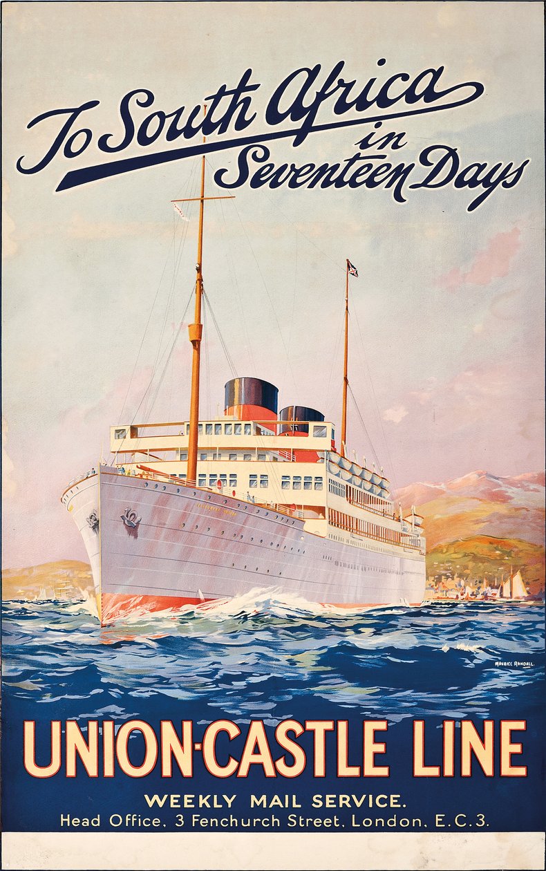 Til Sydafrika om sytten dage; en reklameplakat for Union Castle Line, af Maurice Randall