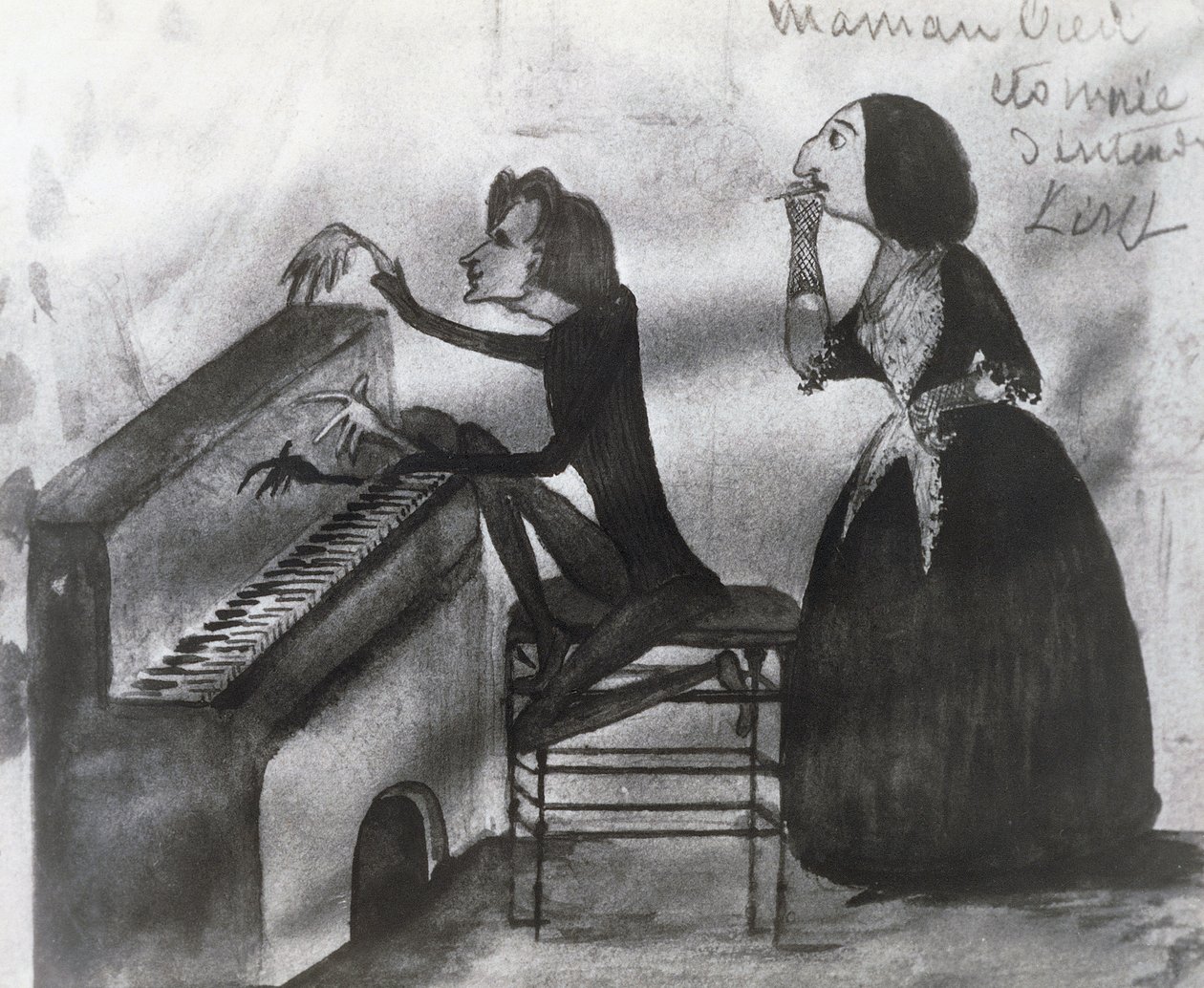 Karikatur af Franz Liszt (1811-1886) og George Sand (1804-1876) i Nohant i 1832, tegning af Maurice Sand (1825-1889) af Maurice Sand