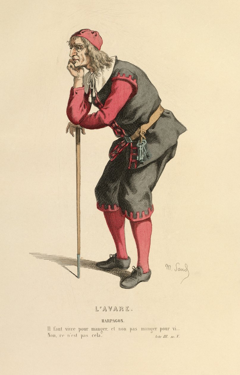 Kostume til rollen som Harpagon, ca. 1868 (kobberstik) af Maurice Sand