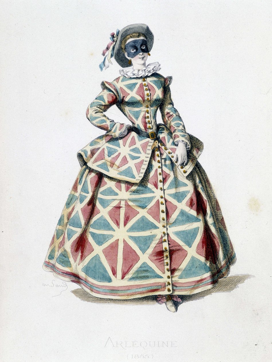 Harlekin kostume og maske i 1855, kvindelig karakter af Harlekin i commedia dell