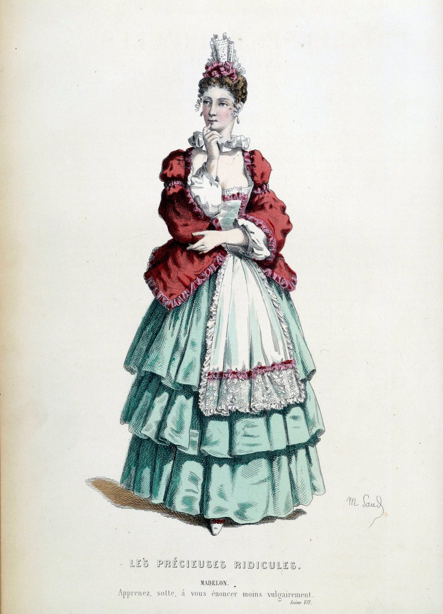Madelons kostume i stykket "Les precieuses ridicules" af Jean Baptiste Poquelin dit Moliere, illustreret af Maurice Sand (1823-1889). 1868. Paris, fransk komedie af Maurice Sand