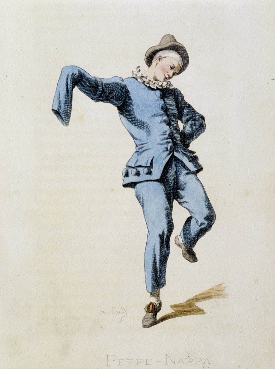 Peppe Nappa (Pierrot eller Peppe-Nappa) tegner fra "Masques et bouffons" (italiensk komedie), tekst og tegninger af Maurice Sand, tryk af A. Manceau, forord af Georges Sand, Paris, Michel Lévy Frères af Maurice Sand