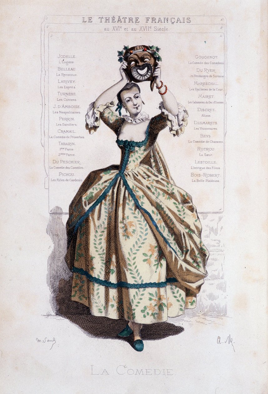Personificering af commedia del arte. - Frontispice af “Masques et bouffons”” (italiensk komedie), tekst og tegninger af Maurice Sand (= Maurice Dudevant), stik af A. Manceau, forord af Georges Sand, Paris, Michel Lévy Frères af Maurice Sand
