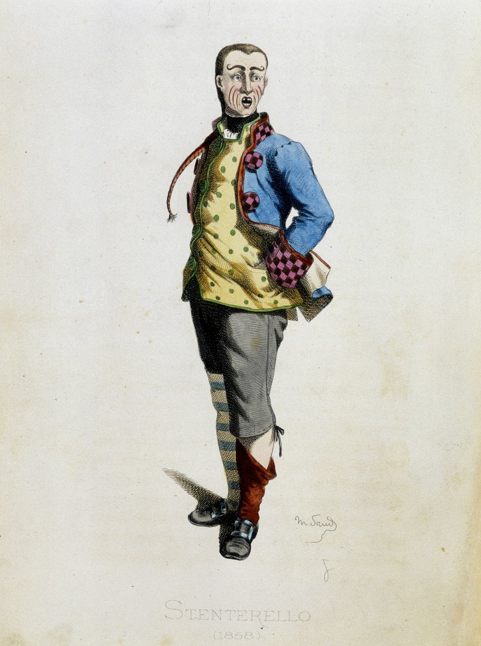 Stenterello tegner fra "Masques et bouffons" (italiensk komedie), tekst og tegninger af Maurice Sand, tryk af A. Manceau, forord af Georges Sand, Paris, Michel Levy Freres af Maurice Sand
