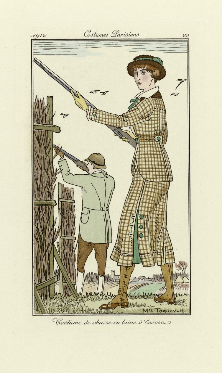 Design til dames tweed skydetøj, fra Costumes Parisien, pub.1912 (pochoir print) af Maurice Taquoy