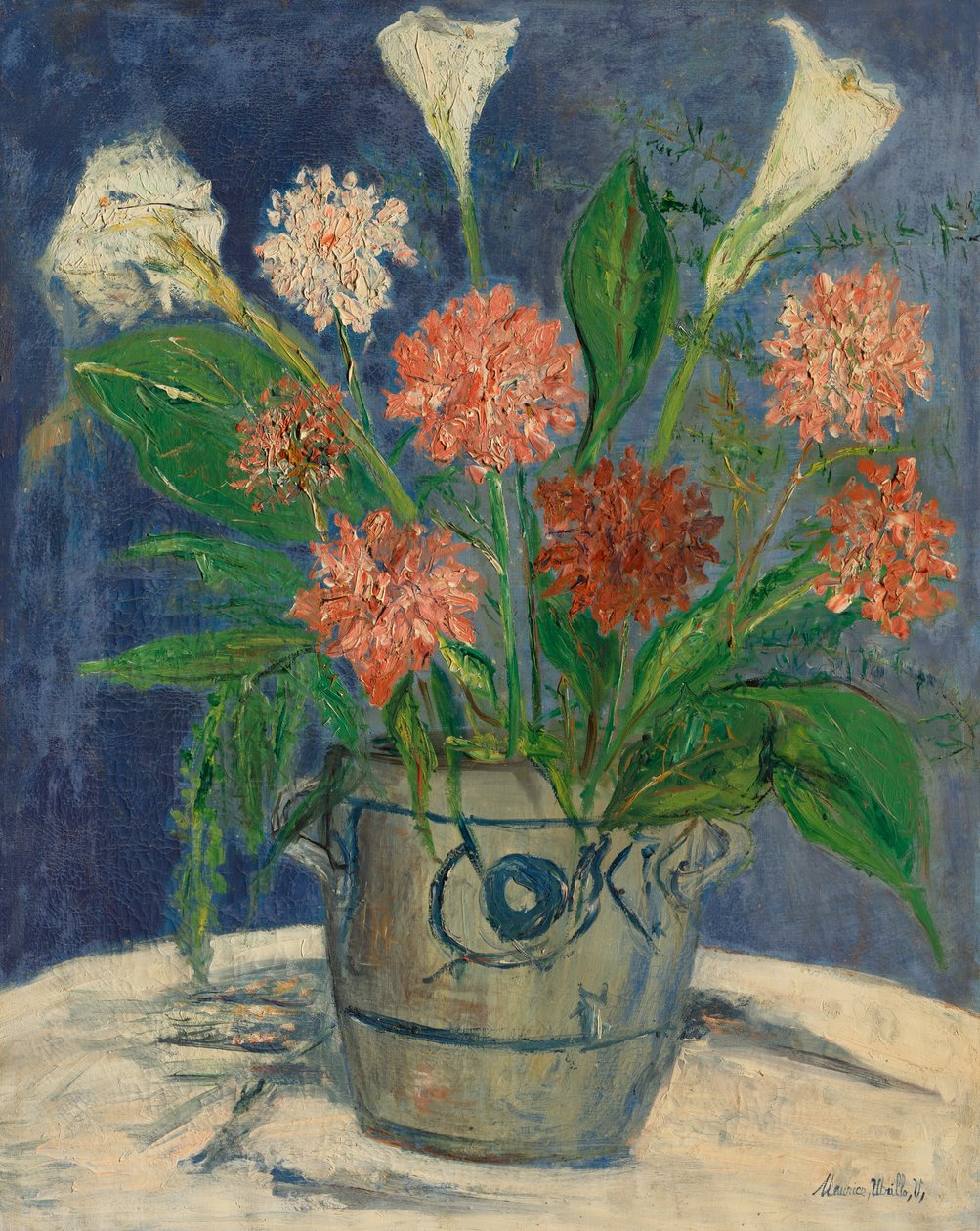 Vase med arumliljer og dahliaer, ca. 1932 (olie på lærred) af Maurice Utrillo