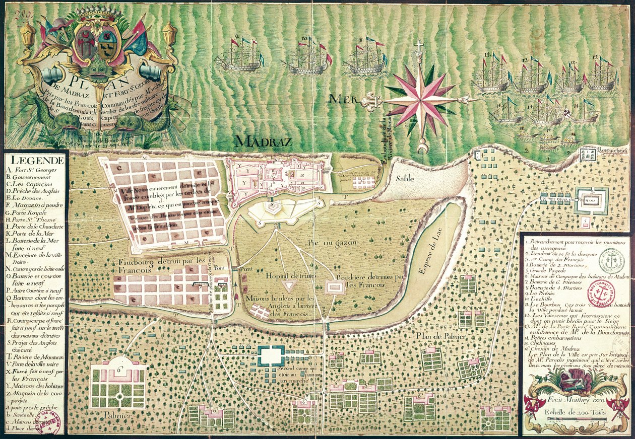 Kort over Madras på tidspunktet for erobringen af byen og fortet St. George i 1746 af franskmændene under kommando af Mahe de la Bourdonnais, 1750 9farvet gravering) af Maurille Antoine Moithey