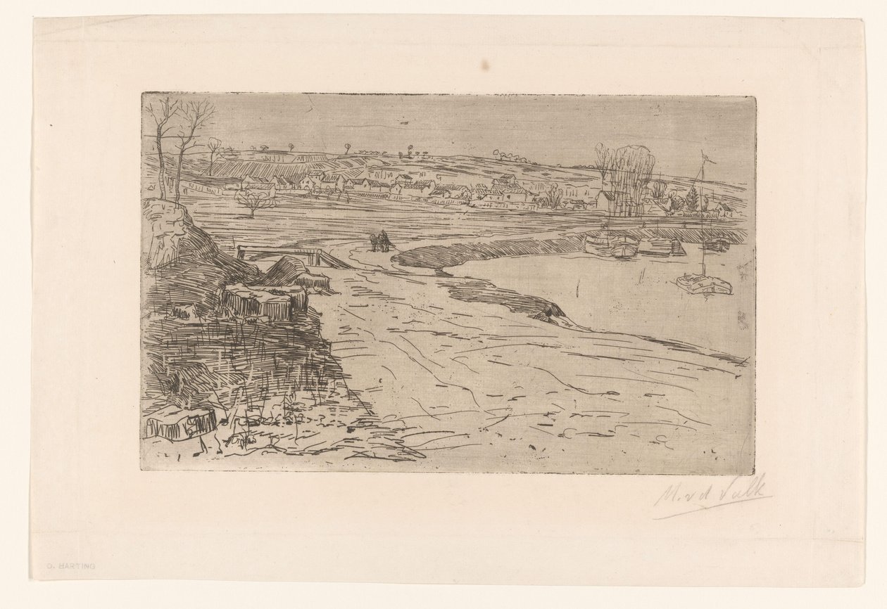 Landskab med huse og vand med fortøjede sejlbåde af Maurits van der Valk (signed by artist)