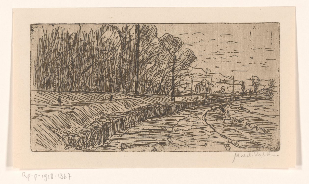Landskab med vej, skovbryn og elmaster af Maurits van der Valk (signed by artist)