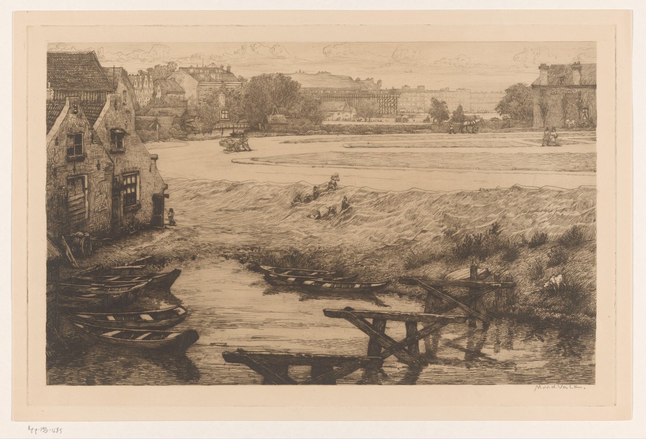Gamle huse og vand ved Surinamplein i Amsterdam Surinamplein (original titel) af Maurits van der Valk (signed by artist)