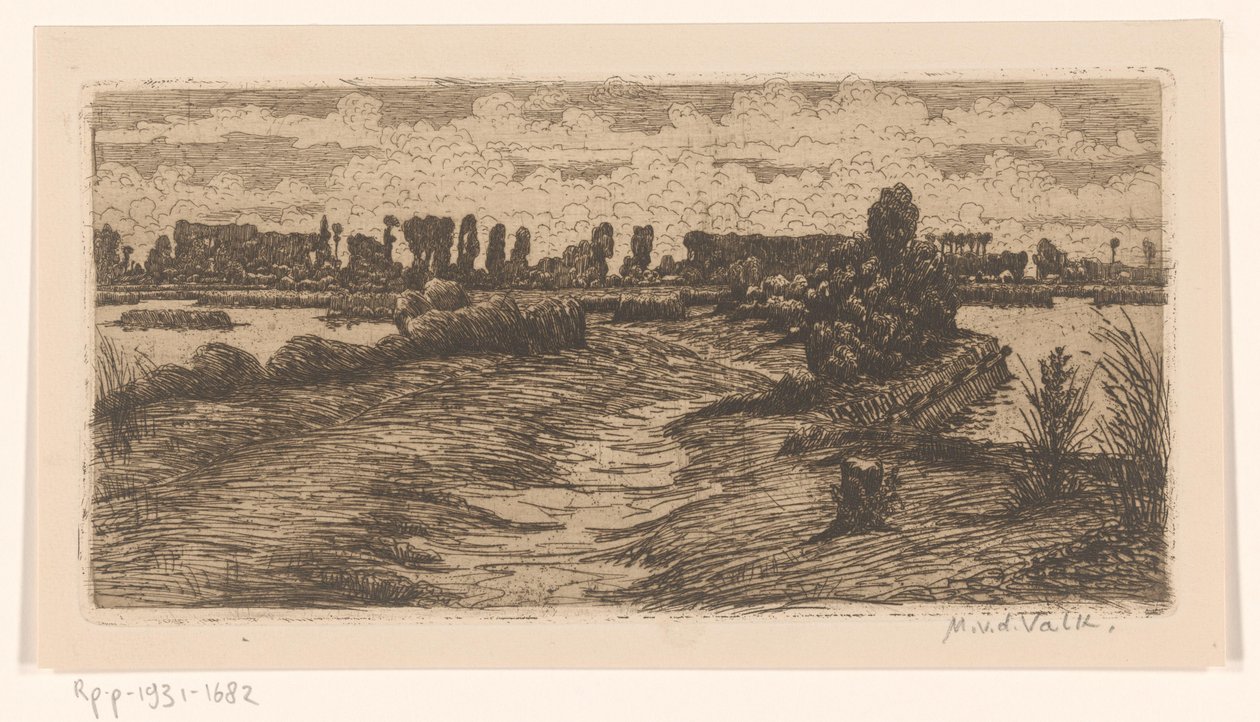 Sti gennem landskab med vandpytter af Maurits van der Valk (signed by artist)