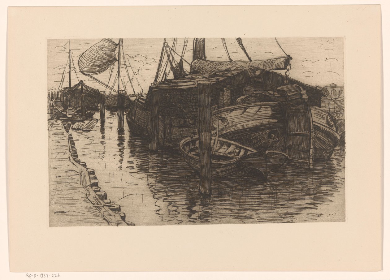 Fortøjede både i en havn Fortøjet sejlpram (original titel) af Maurits van der Valk