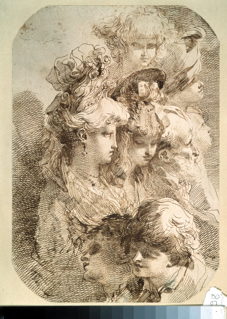 Studie af otte hoveder. (Undersøgelser af otte hoveder). Tegning af Mauro Gandolfi (1764-1834). italiensk kunst. Blyant og brunt indisk blæk på papir. Pushkin Museum, Moskva af Mauro Gandolfi