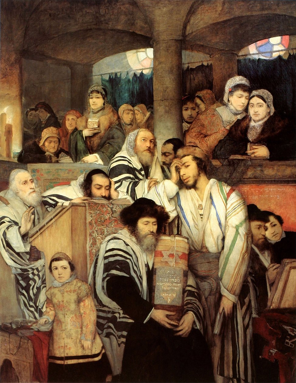 Jøder beder i synagogen på Yom Kippur af Maurycy Gottlieb