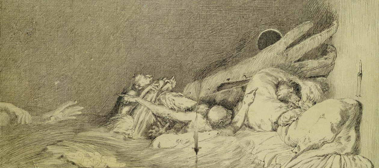 Anguish fra en serie på ti plancher fra "Paraphrase on the Discovery of a Glove", udgivet i 1881 (vasket tusch og pen) af Max Klinger