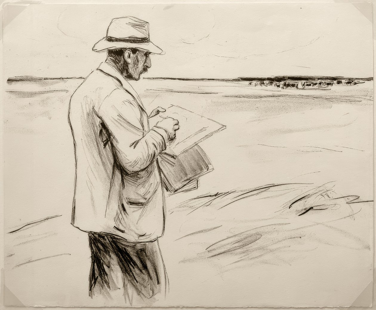 M.Liebermann, selvportræt, tegning udendørs af Max Liebermann