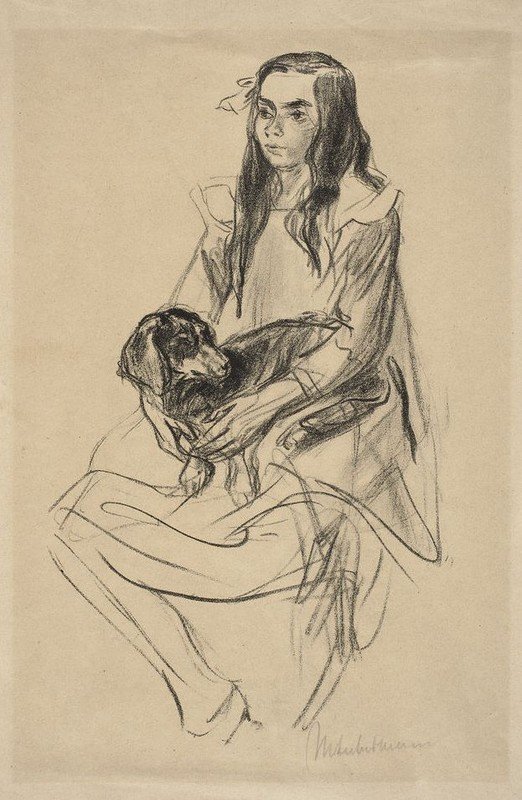 Siddende pige med gravhund af Max Liebermann