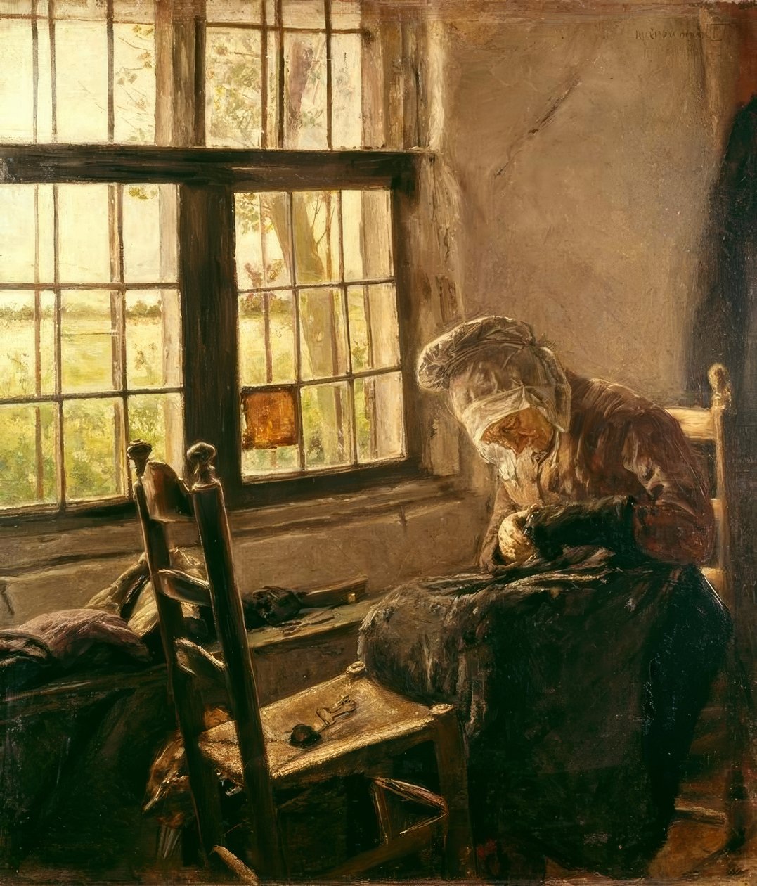 Udstopning af gammel kvinde ved vinduet af Max Liebermann
