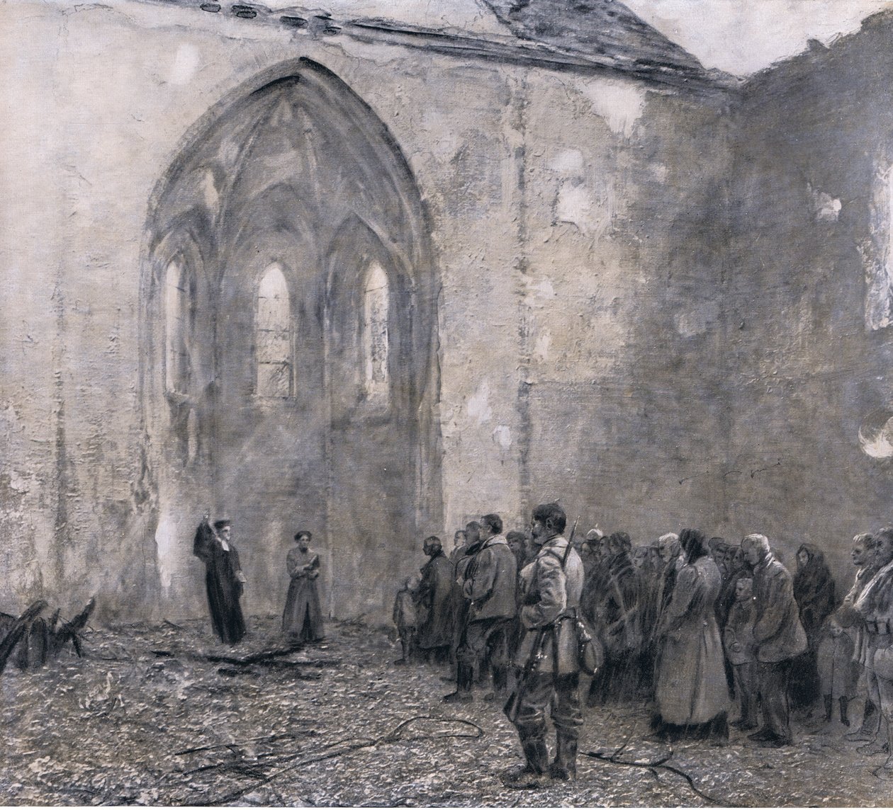 Østpreussen efter de russiske "terrordage". Den første gudstjeneste i den ødelagte kirke ved Luck, illustration fra Hindenburg udgivet af Daterlandischer Derlag C U Weller Berlin, 1922 af Max Rabes