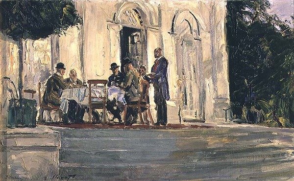 Middag på Badenburg-terrassen på slottet Nymphenburg, 1908 af Max Slevogt