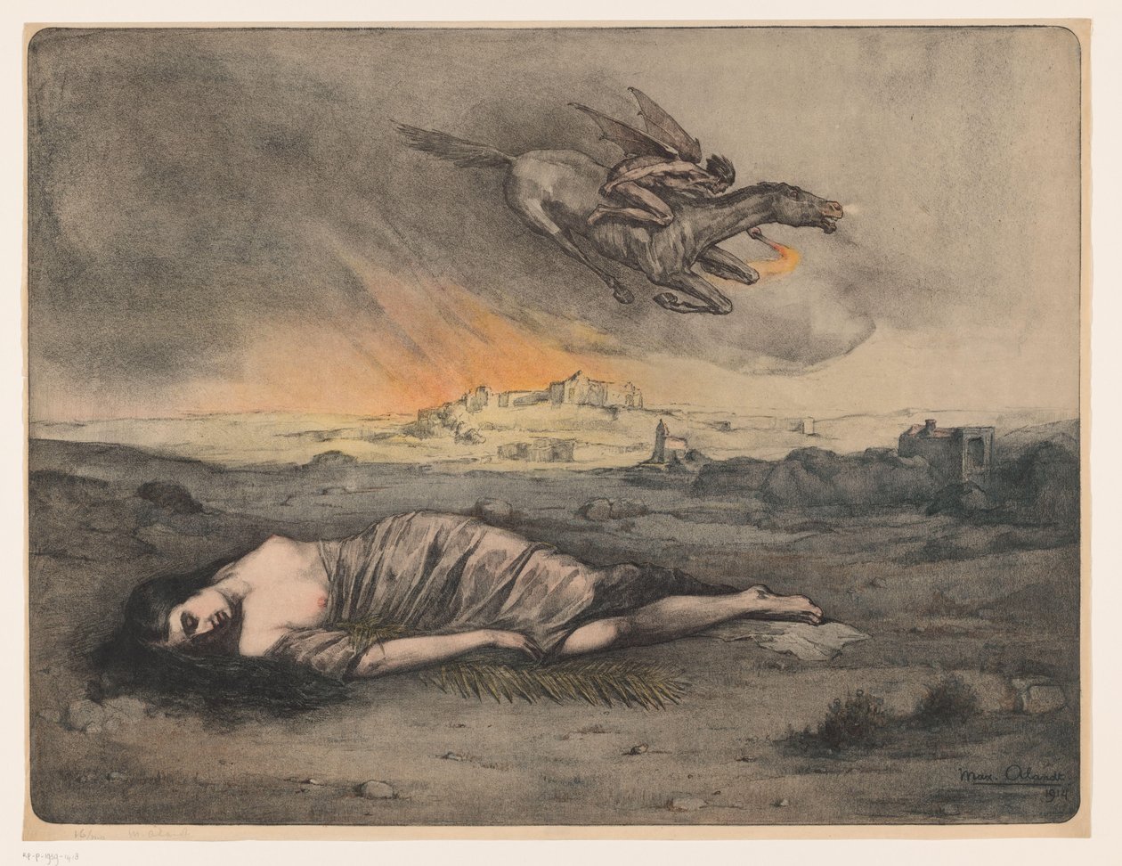Tilbagelænet kvinde og flyvende rytter med fakkel af Max Alexander Alandt (signed by artist)